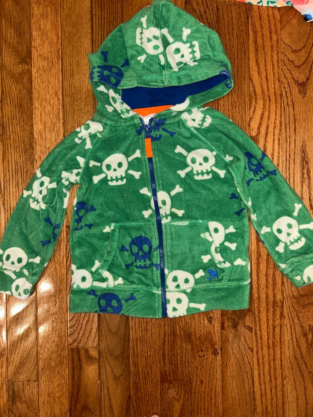 Mini Boden Kids Green Skull Print Terry Hooded Zip-Up-3/4 yrs